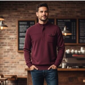 Banana Republic Sweater Men's L Merino Wool 1/4 Zip Button Preppy Stretch Maroon